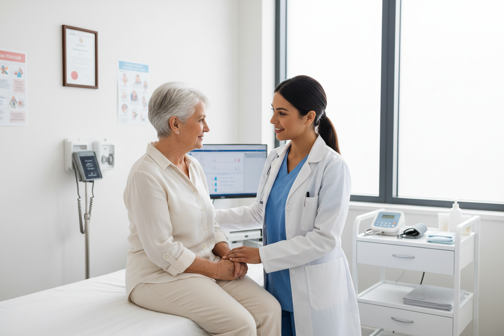 una imagen de una enfermera que asiste a un paciente en un consultorio medico 